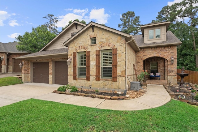 2428 Village Grn, Conroe, TX 77304 - view of front of house featuring stone siding, a garage, driveway, and a front lawn