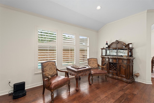 2428 Village Grn, Conroe, TX 77304 - living area with crown molding, lofted ceiling, dark wood-style floors, and baseboards