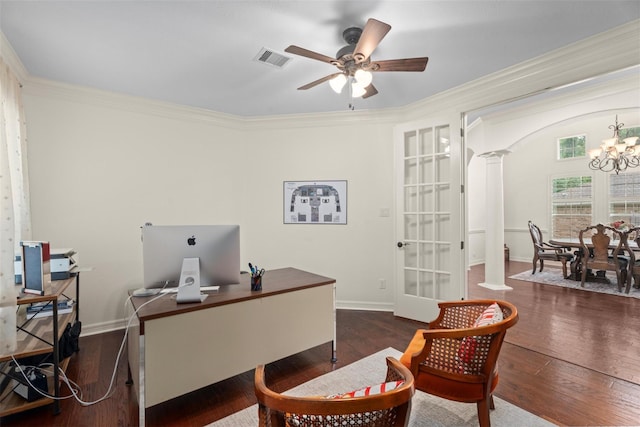 2428 Village Grn, Conroe, TX 77304 - office space with ornate columns, a chandelier, ceiling fan, ornamental molding, and wood finished floors
