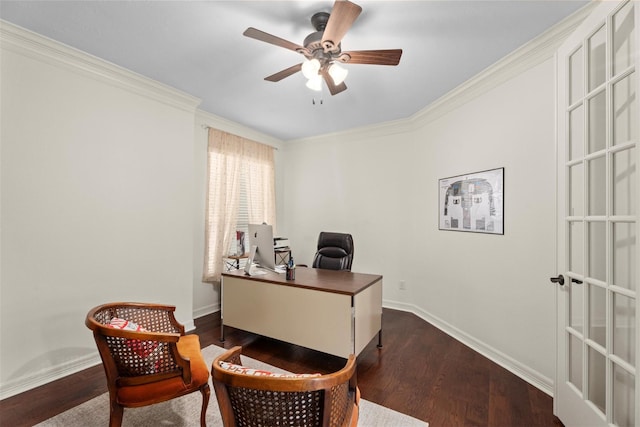 2428 Village Grn, Conroe, TX 77304 - office area with crown molding, a ceiling fan, wood finished floors, and baseboards