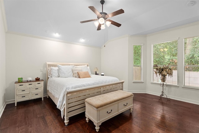2428 Village Grn, Conroe, TX 77304 - bedroom with multiple windows, crown molding, lofted ceiling, dark wood finished floors, and baseboards