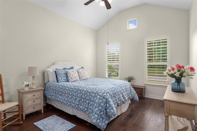 2428 Village Grn, Conroe, TX 77304 - bedroom featuring dark wood-type flooring, high vaulted ceiling, baseboards, and a ceiling fan