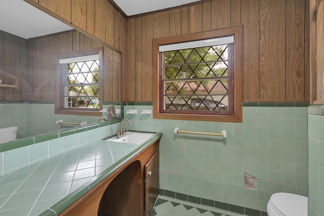 2009 Lamar Dr, Pasadena, TX 77502 - bathroom with toilet, vanity, tile walls, and tile patterned floors