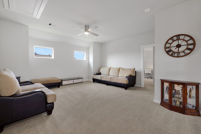 308 Spruce Oak Ln, Waller, TX 77484 - living room with attic access, carpet floors, a ceiling fan, and baseboards