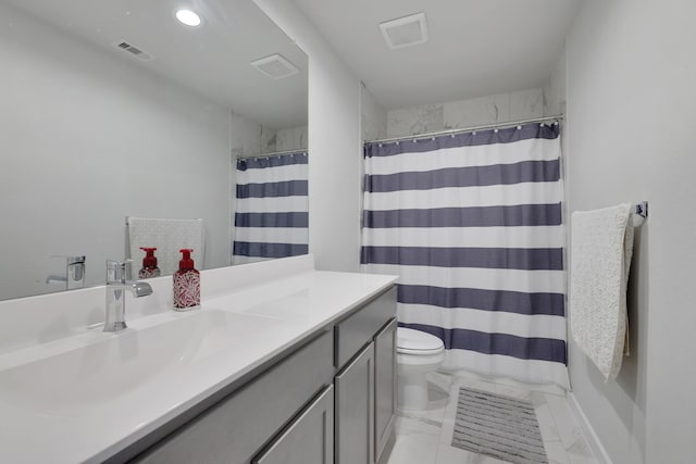 308 Spruce Oak Ln, Waller, TX 77484 - bathroom with marble look tile flooring, vanity, toilet, curtained shower, and recessed lighting