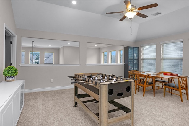 4320 Silver Oak Pl, Spring, TX 77386 - recreation room featuring light carpet, a ceiling fan, lofted ceiling, recessed lighting, and baseboards