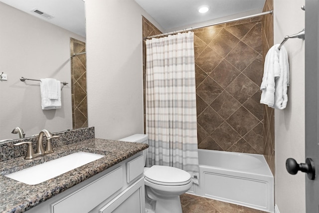 4320 Silver Oak Pl, Spring, TX 77386 - full bath featuring vanity, toilet, shower / bathtub combination with curtain, tile patterned floors, and recessed lighting