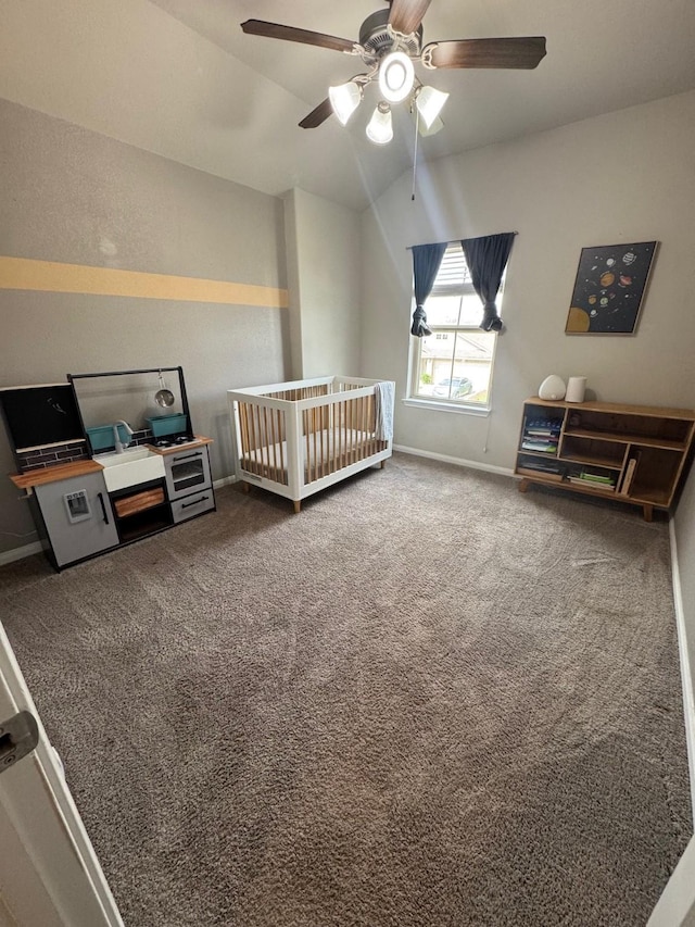 1938 Acaciawood Way, Houston, TX 77051 - carpeted bedroom with lofted ceiling, baseboards, a nursery area, and a ceiling fan