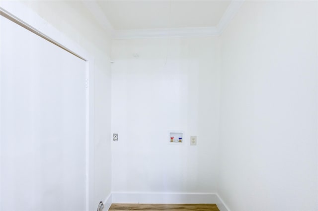5326 Keystone St, Houston, TX 77021 - laundry room featuring ornamental molding, hookup for a washing machine, wood finished floors, and baseboards