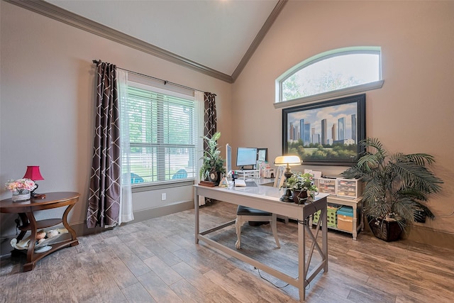 32710 Tall Oaks Way, Magnolia, TX 77354 - home office with ornamental molding, wood finished floors, plenty of natural light, baseboards, and high vaulted ceiling