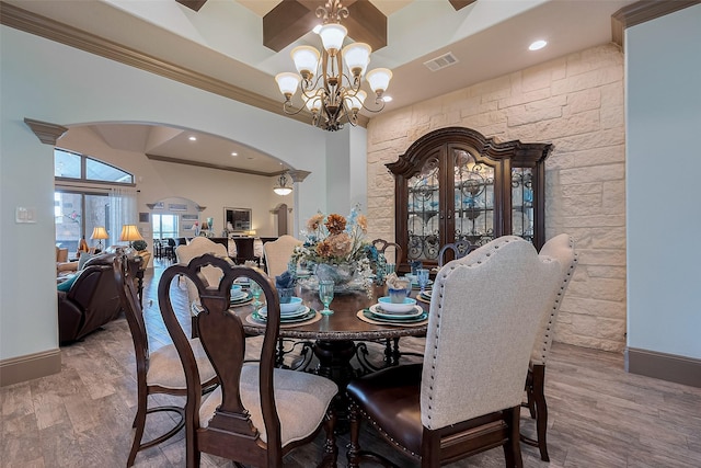 32710 Tall Oaks Way, Magnolia, TX 77354 - dining room with a chandelier, wood finished floors, ornamental molding, baseboards, and recessed lighting