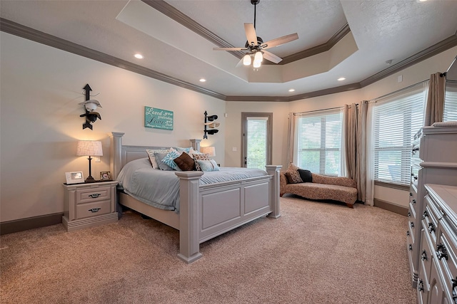 32710 Tall Oaks Way, Magnolia, TX 77354 - bedroom featuring crown molding, light colored carpet, a raised ceiling, recessed lighting, and baseboards
