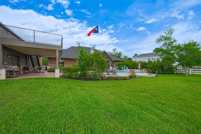 32710 Tall Oaks Way, Magnolia, TX 77354 - view of grassy yard featuring a patio area, stairs, and an outdoor pool