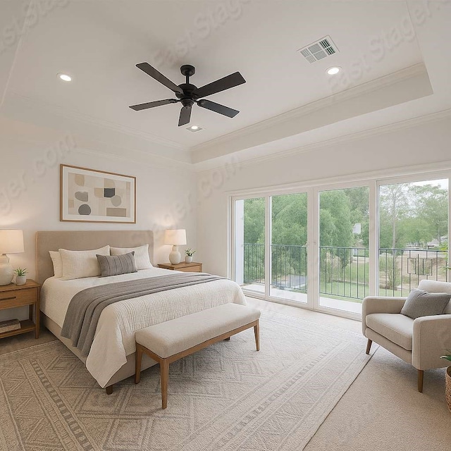 9212 Arvin St, Houston, TX 77028 - bedroom with access to exterior, a raised ceiling, crown molding, recessed lighting, and ceiling fan