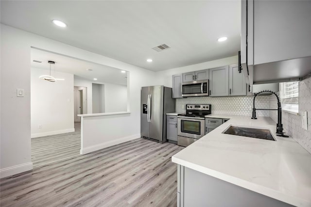 5751 Belmark St, Houston, TX 77033 - kitchen featuring stainless steel appliances, a sink, gray cabinetry, light wood-style flooring, and decorative backsplash