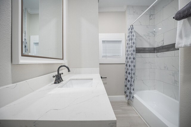 7449 Walker St, Houston, TX 77011 - full bathroom with ornamental molding, shower / bath combo, and vanity