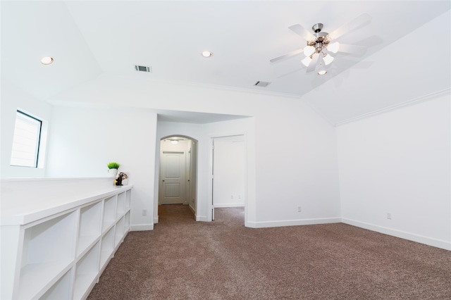 1306 Malone St, Houston, TX 77007 - carpeted spare room with baseboards, a ceiling fan, recessed lighting, arched walkways, and lofted ceiling