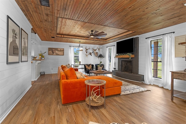 1137 Jones Rd, New Waverly, TX 77358 - living area featuring wooden ceiling, a fireplace, wood finished floors, plenty of natural light, and wood walls