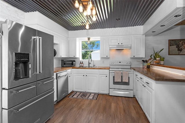 1137 Jones Rd, New Waverly, TX 77358 - kitchen with stainless steel appliances, under cabinet range hood, a sink, a peninsula, and dark wood-style floors