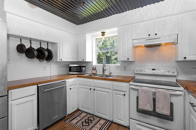 1137 Jones Rd, New Waverly, TX 77358 - kitchen with stainless steel appliances, butcher block counters, and a sink