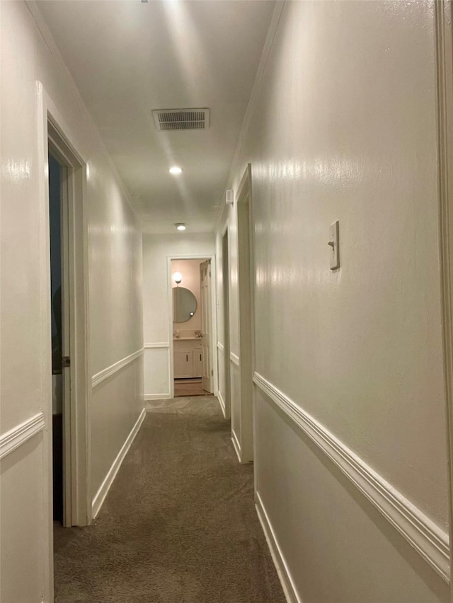 12103 Moorcreek Dr, Houston, TX 77070 - corridor featuring carpet flooring, crown molding, and baseboards