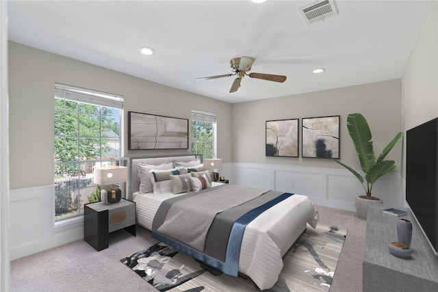 926 Montview Dr, Katy, TX 77450 - bedroom with carpet floors, a wainscoted wall, a decorative wall, recessed lighting, and a ceiling fan