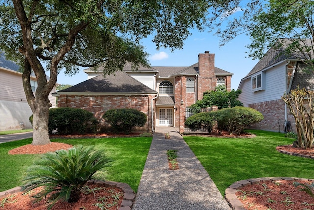 926 Montview Dr, Katy, TX 77450 - traditional-style home with a chimney, brick siding, a front yard, french doors, and roof with shingles