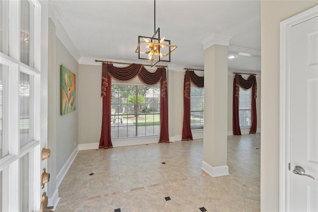926 Montview Dr, Katy, TX 77450 - unfurnished dining area featuring ornamental molding, a chandelier, baseboards, decorative columns, and light tile patterned floors