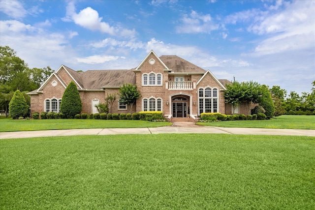 4911 Shiloh Lake Dr, Richmond, TX 77407 - georgian-style home featuring brick siding, a front yard, and a balcony