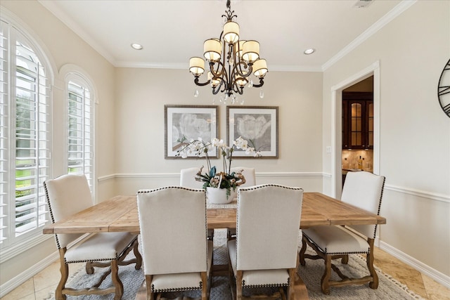 4911 Shiloh Lake Dr, Richmond, TX 77407 - tiled dining area featuring a chandelier, baseboards, recessed lighting, and ornamental molding