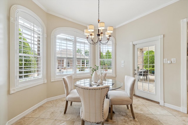 4911 Shiloh Lake Dr, Richmond, TX 77407 - dining area with a chandelier, ornamental molding, baseboards, and light tile patterned floors