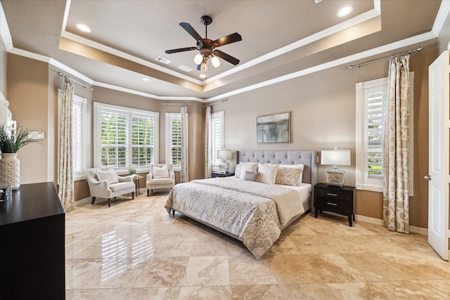4911 Shiloh Lake Dr, Richmond, TX 77407 - bedroom with a raised ceiling, crown molding, baseboards, a ceiling fan, and recessed lighting