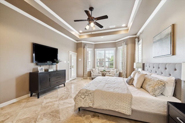 4911 Shiloh Lake Dr, Richmond, TX 77407 - bedroom with a tray ceiling, baseboards, recessed lighting, crown molding, and ceiling fan