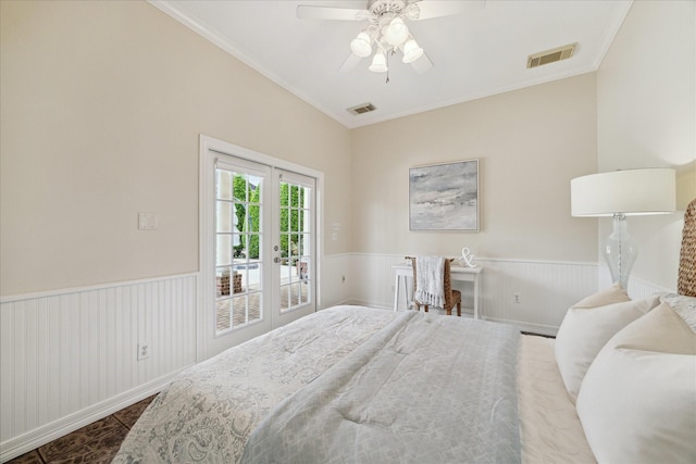 4911 Shiloh Lake Dr, Richmond, TX 77407 - bedroom with access to outside, ornamental molding, wainscoting, french doors, and a ceiling fan