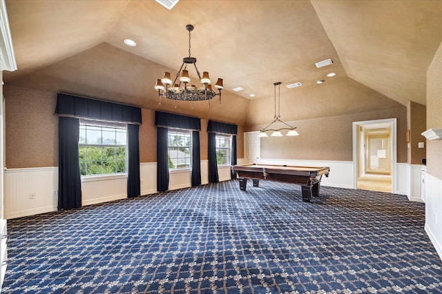 4911 Shiloh Lake Dr, Richmond, TX 77407 - rec room with wainscoting, vaulted ceiling, carpet flooring, recessed lighting, and billiards