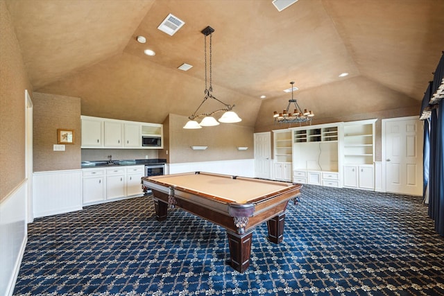 4911 Shiloh Lake Dr, Richmond, TX 77407 - game room featuring vaulted ceiling, dark colored carpet, wainscoting, recessed lighting, and billiards