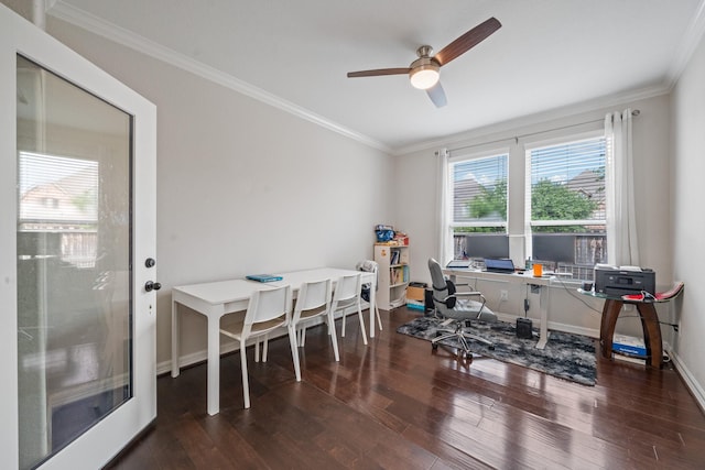 19918 Lizzie Ridge Ln, Cypress, TX 77433 - office space featuring wood finished floors, ornamental molding, ceiling fan, and baseboards