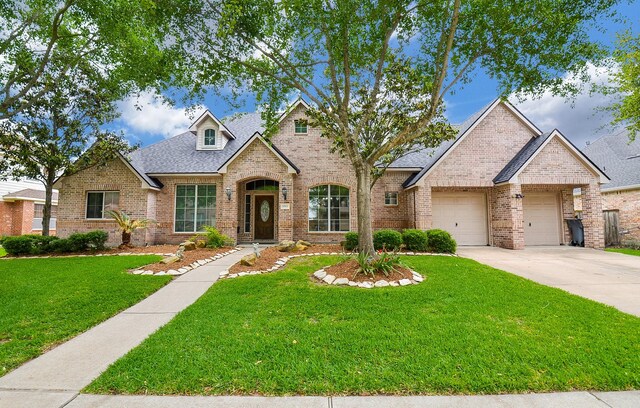 1511 Baldridge Ln, Katy, TX 77494 - view of front of house featuring brick siding, a front yard, driveway, an attached garage, and roof with shingles