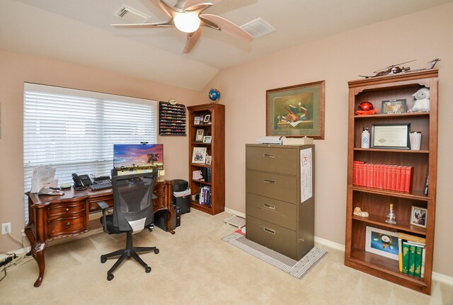 1511 Baldridge Ln, Katy, TX 77494 - office featuring ceiling fan, light carpet, lofted ceiling, and baseboards