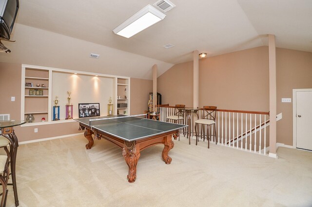 1511 Baldridge Ln, Katy, TX 77494 - rec room with lofted ceiling, carpet, and built in shelves