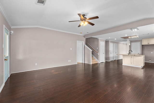 1910 Serenata Ln, Humble, TX 77396 - unfurnished living room with a sink, ceiling fan, dark wood-style floors, stairway, and baseboards