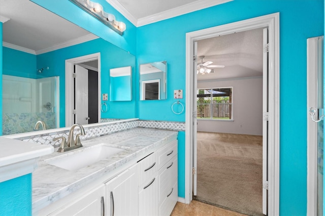1910 Serenata Ln, Humble, TX 77396 - bathroom featuring vanity, ornamental molding, a shower, and a ceiling fan