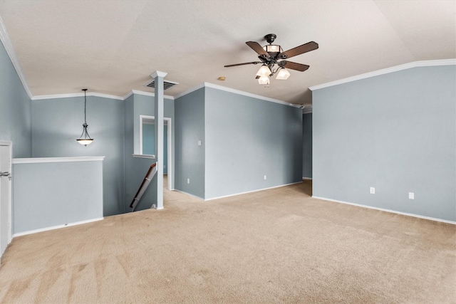 1910 Serenata Ln, Humble, TX 77396 - carpeted spare room with vaulted ceiling, ceiling fan, baseboards, and crown molding