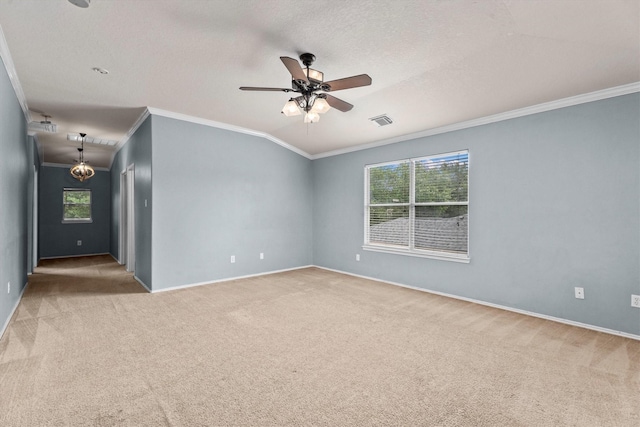 1910 Serenata Ln, Humble, TX 77396 - spare room with carpet floors, ornamental molding, plenty of natural light, and a ceiling fan