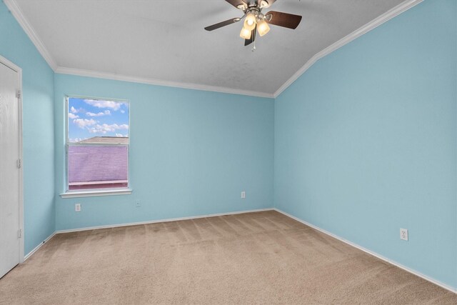 1910 Serenata Ln, Humble, TX 77396 - spare room featuring crown molding, ceiling fan, vaulted ceiling, carpet flooring, and baseboards
