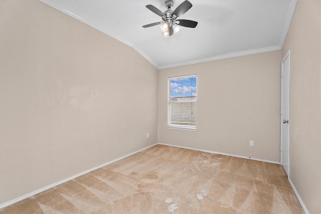 1910 Serenata Ln, Humble, TX 77396 - spare room featuring ornamental molding, light colored carpet, a ceiling fan, lofted ceiling, and baseboards