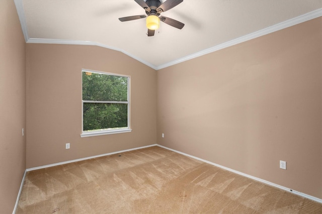 1910 Serenata Ln, Humble, TX 77396 - empty room with light carpet, baseboards, ornamental molding, a ceiling fan, and vaulted ceiling