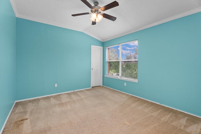 1910 Serenata Ln, Humble, TX 77396 - unfurnished room with ornamental molding, carpet floors, a ceiling fan, baseboards, and vaulted ceiling