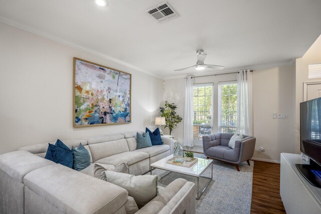2703 Jackson St, Houston, TX 77004 - living room featuring dark wood-style flooring, ornamental molding, baseboards, a ceiling fan, and recessed lighting