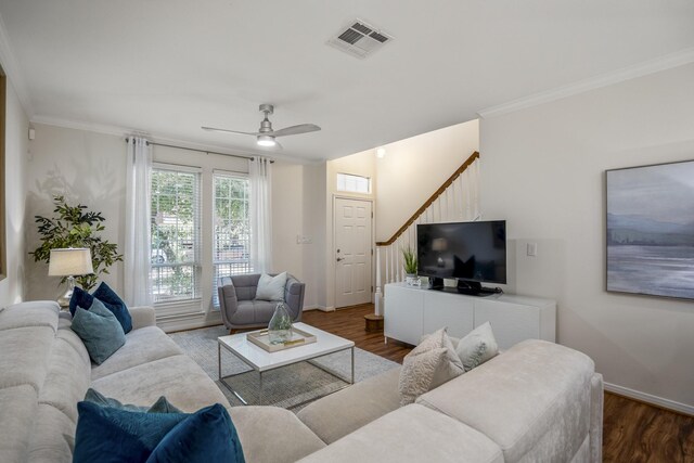 2703 Jackson St, Houston, TX 77004 - living area with baseboards, wood finished floors, stairway, crown molding, and a ceiling fan